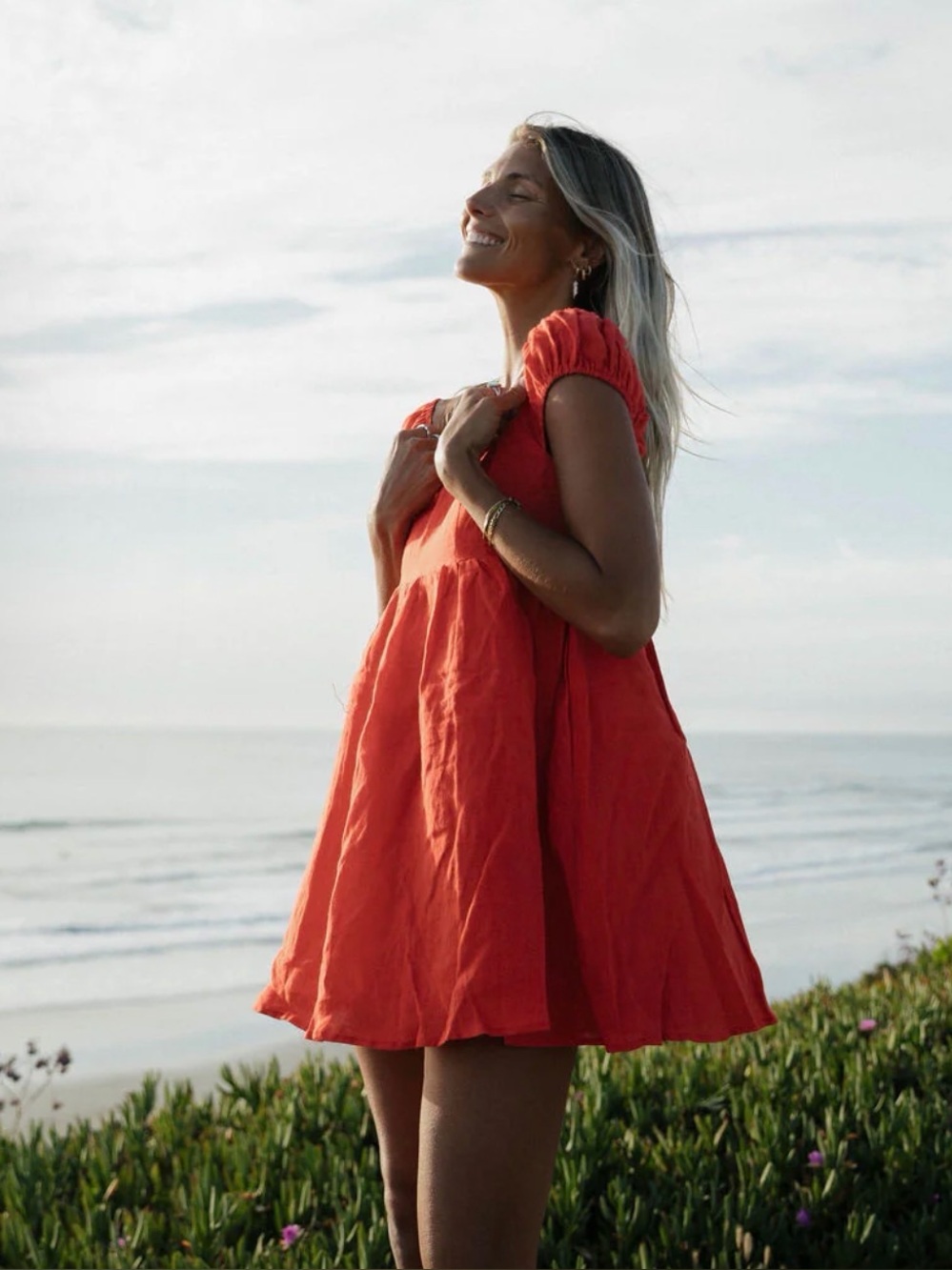 Solai Amalfi 100% Linen Mini Dress Red Linen Babydoll Beach Vacation Size Medium - Picture 3 of 13